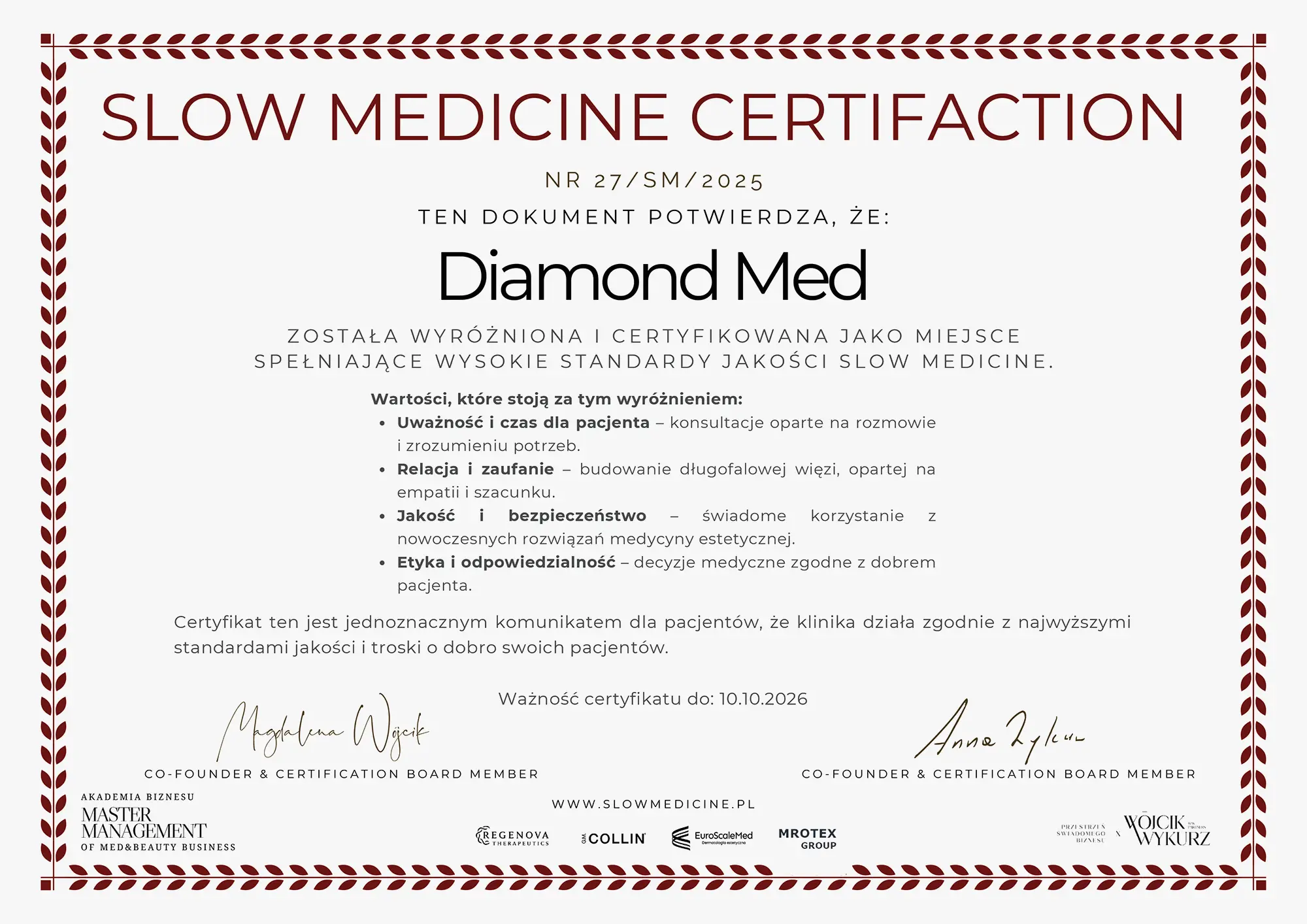 Diamond Med z certyfikatem Slow Medicine – Jesteśmy w gronie 28 wyróżnionych klinik w Polsce!